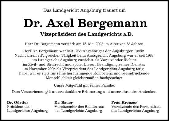 Traueranzeige von Axel Bergemann von Augsburger Allgemeine