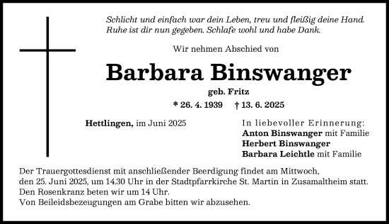 Traueranzeige von Barbara Binswanger von Wertinger Zeitung