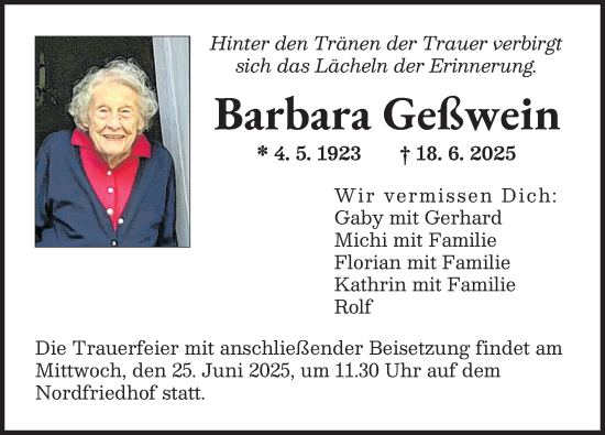 Traueranzeige von Barbara Geßwein von Augsburger Allgemeine