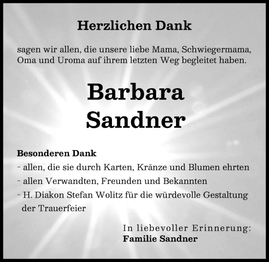 Traueranzeige von Barbara Sandner von Augsburg-Land