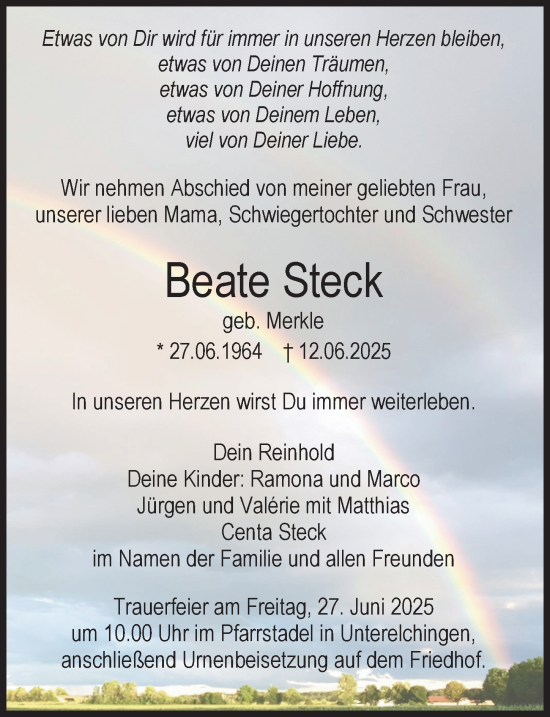 Traueranzeige von Beate Steck von Neu-Ulmer Zeitung, Augsburger Allgemeine