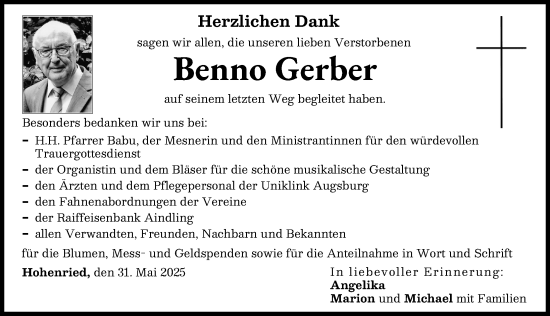 Traueranzeige von Benno Gerber von Aichacher Nachrichten