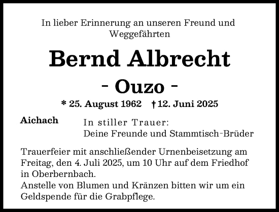 Traueranzeige von Bernd Albrecht von Aichacher Nachrichten