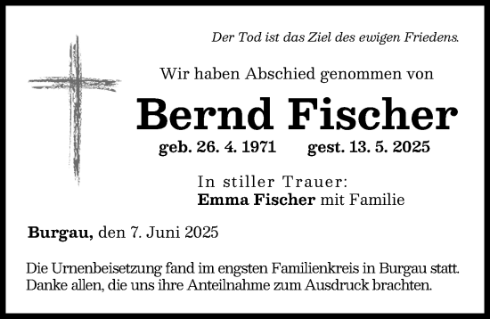 Traueranzeige von Bernd Fischer von Günzburger Zeitung