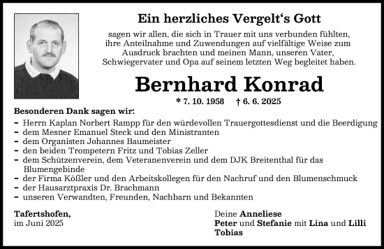 Traueranzeige von Bernhard Konrad von Illertisser Zeitung