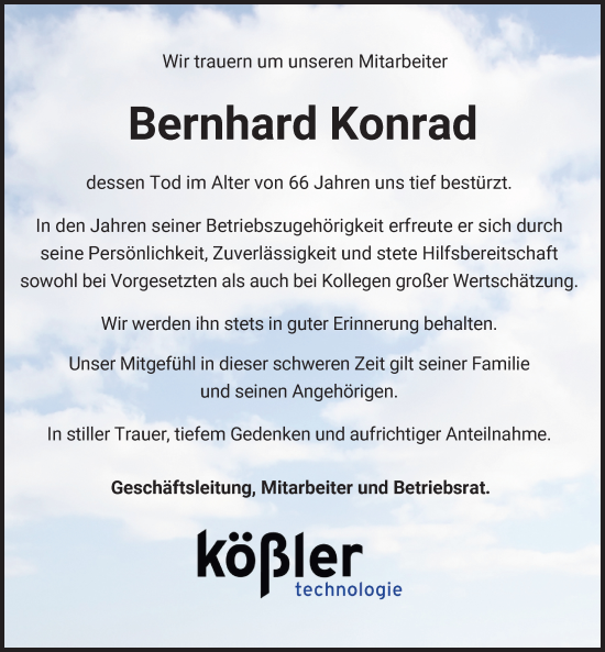 Traueranzeige von Bernhard Konrad von Illertisser Zeitung