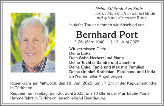 Traueranzeige von Bernhard Port von Mindelheimer Zeitung