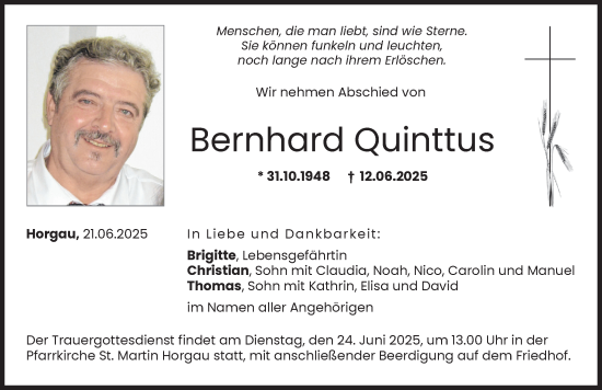 Traueranzeige von Bernhard Quinttus von Augsburger Allgemeine