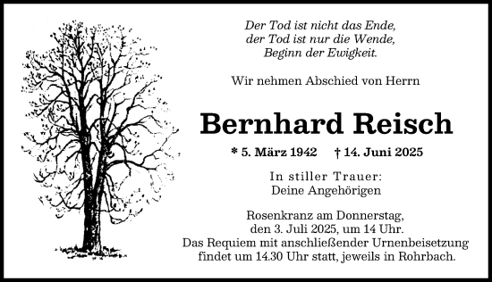 Traueranzeige von Bernhard Reisch von Neuburger Rundschau