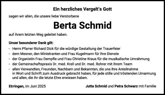 Traueranzeige von Berta Schmid von Mindelheimer Zeitung
