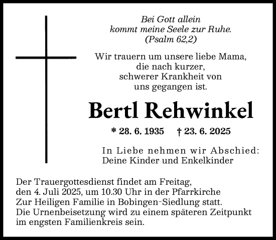 Traueranzeige von Bertl Rehwinkel von Augsburg-Land
