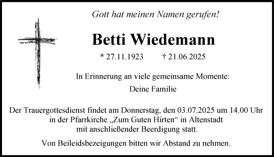 Traueranzeige von Betti Wiedemann von Illertisser Zeitung