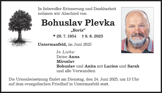 Traueranzeige von Bohuslav Plevka von Neuburger Rundschau