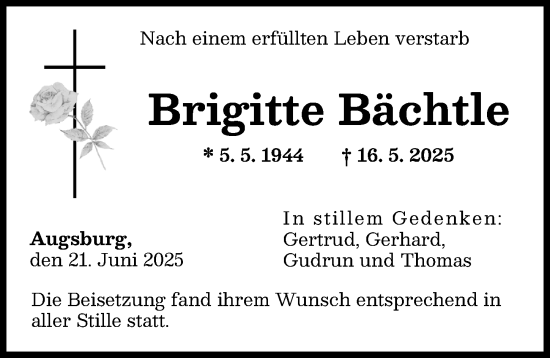 Traueranzeige von Brigitte Bächtle von Augsburger Allgemeine