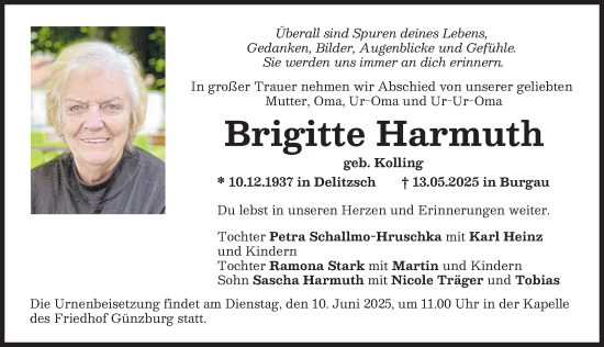 Traueranzeige von Brigitte Harmuth von Günzburger Zeitung