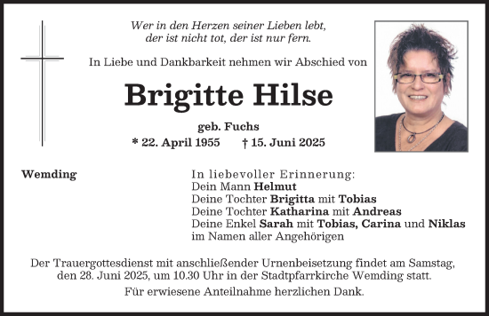 Traueranzeige von Brigitte Hilse von Donauwörther Zeitung