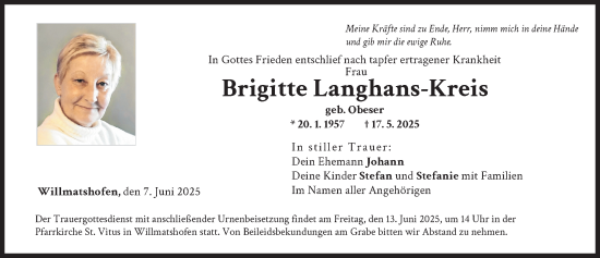 Traueranzeige von Brigitte Langhans-Kreis von Augsburg-Land