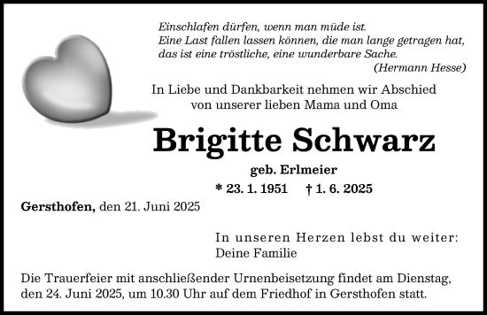 Traueranzeige von Brigitte Schwarz von Augsburger Allgemeine