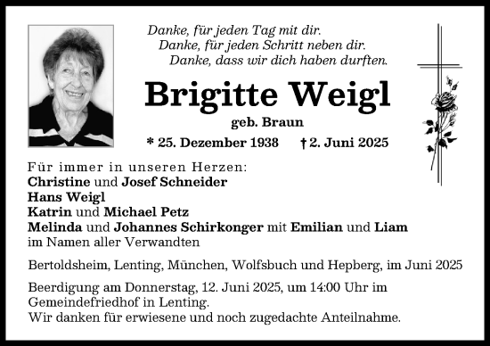 Traueranzeige von Brigitte Weigl von Neuburger Rundschau