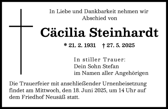 Traueranzeige von Cäcilia Steinhardt von Augsburger Allgemeine
