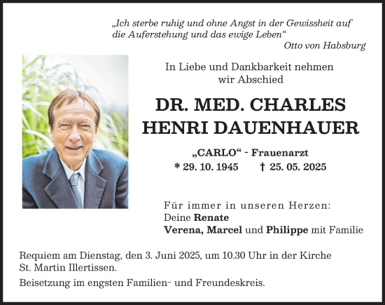 Traueranzeige von Charles Henri Dauenhauer von Illertisser Zeitung