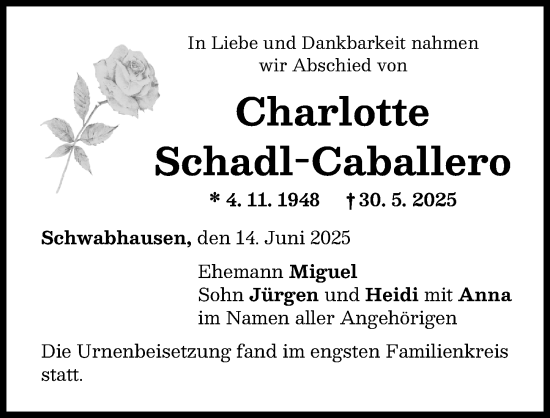 Traueranzeige von Charlotte Schadl-Caballero von Landsberger Tagblatt