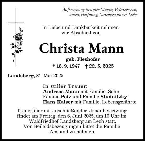 Traueranzeige von Christa Mann von Landsberger Tagblatt