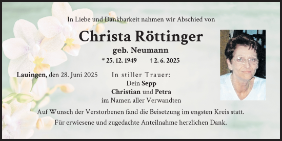 Traueranzeige von Christa Röttinger von Donau Zeitung