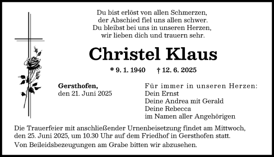 Traueranzeige von Christel Klaus von Augsburger Allgemeine