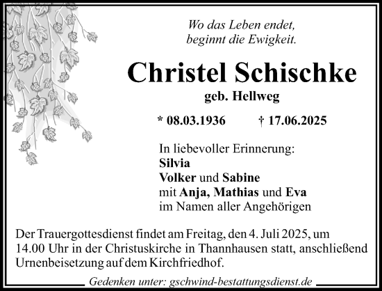 Traueranzeige von Christel Schischke von Mittelschwäbische Nachrichten
