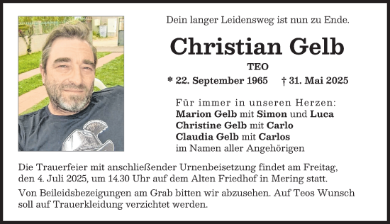 Traueranzeige von Christian Gelb von Friedberger Allgemeine