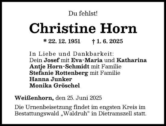 Traueranzeige von Christine Horn von Neu-Ulmer Zeitung