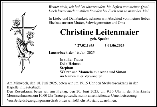 Traueranzeige von Christine Leitenmaier von Mittelschwäbische Nachrichten