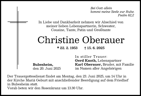 Traueranzeige von Christine Oberauer von Günzburger Zeitung