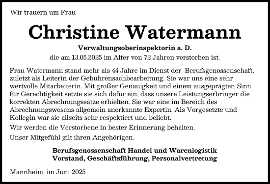 Traueranzeige von Christine Watermann von Landsberger Tagblatt