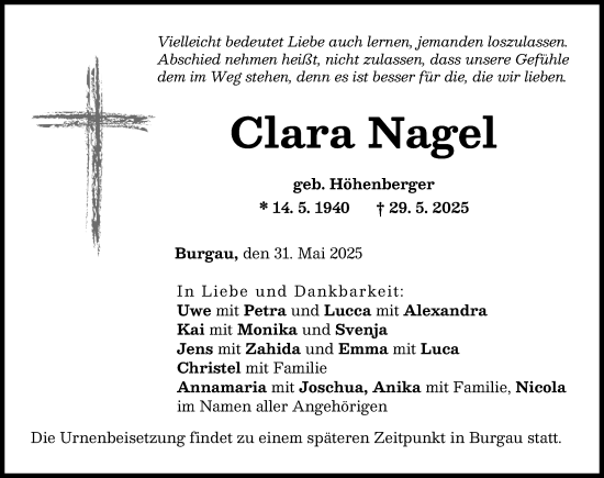Traueranzeige von Clara Nagel von Günzburger Zeitung