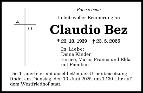 Traueranzeige von Claudio Bez von Augsburger Allgemeine