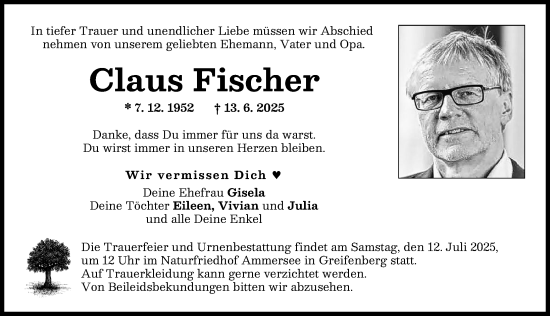 Traueranzeige von Claus Fischer von Landsberger Tagblatt