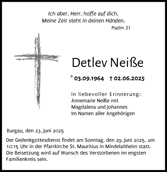 Traueranzeige von Detlev Neiße von Günzburger Zeitung