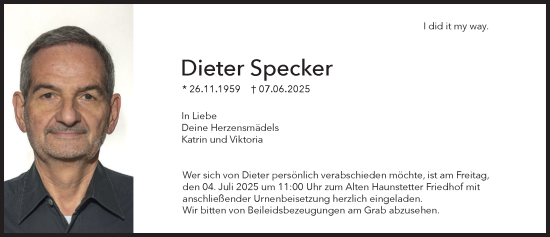 Traueranzeige von Dieter Specker von Augsburger Allgemeine
