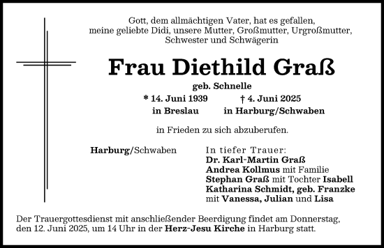 Traueranzeige von Diethild Graß von Donauwörther Zeitung