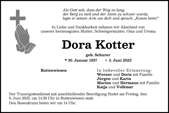 Traueranzeige von Dora Kotter von Wertinger Zeitung