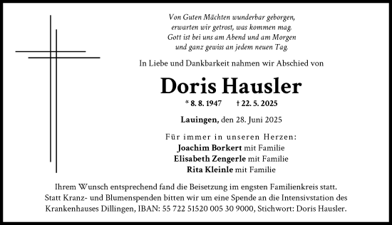 Traueranzeige von Doris Hausler von Donau Zeitung