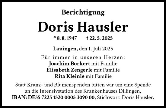 Traueranzeige von Doris Hausler von Donau Zeitung
