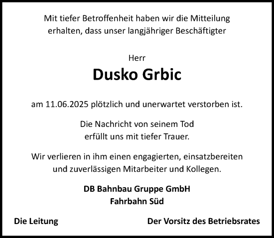 Traueranzeige von Dusko Grbic von Augsburger Allgemeine