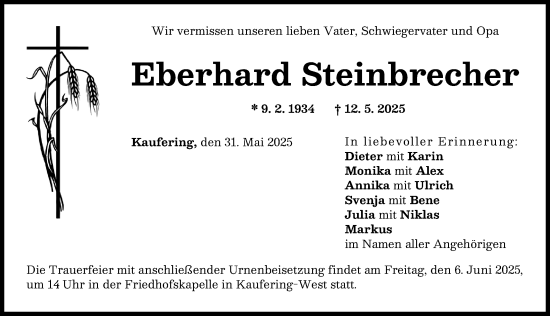Traueranzeige von Eberhard Steinbrecher von Landsberger Tagblatt