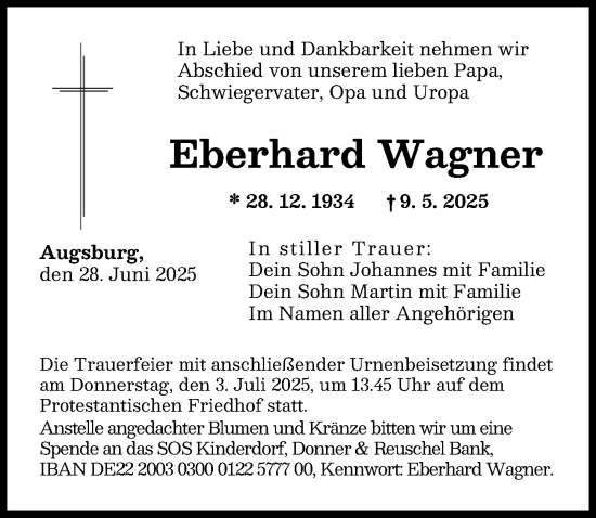 Traueranzeige von Eberhard Wagner von Augsburger Allgemeine