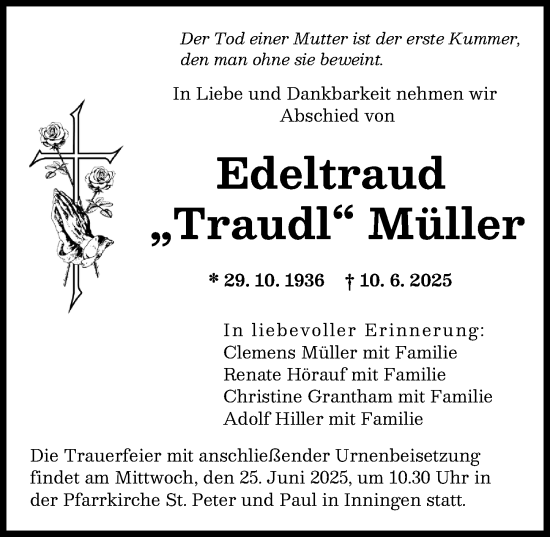Traueranzeige von Edeltraud Müller von Augsburger Allgemeine