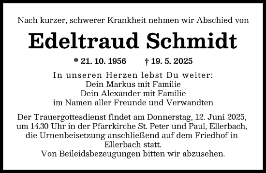 Traueranzeige von Edeltraud Schmidt von Günzburger Zeitung