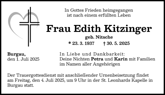 Traueranzeige von Edith Kitzinger von Günzburger Zeitung